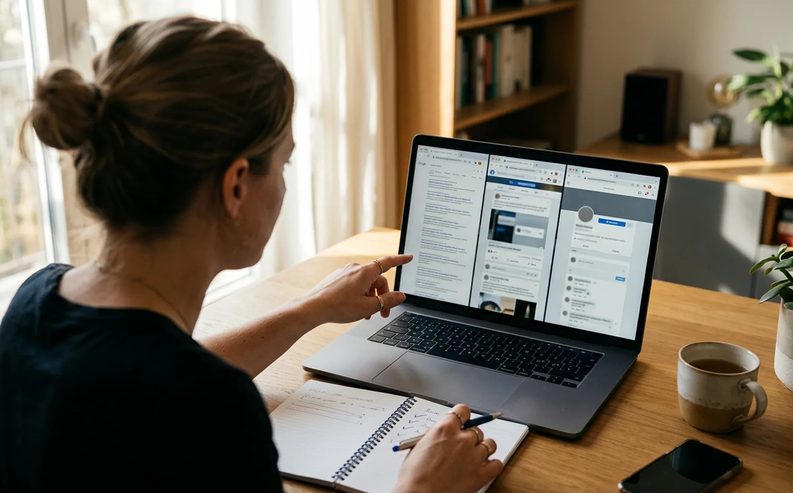 Researcher comparing blurred public web sources, search results, and viewer pages on a laptop.